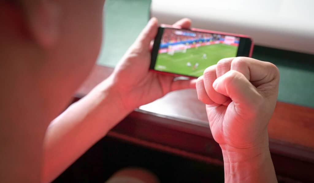 sports fan with fist up celebration while watching sports streaming mobile phone